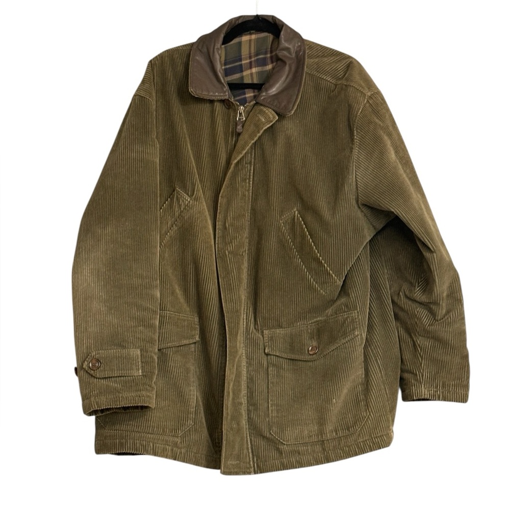 Vintage St. Michael Green Corduroy Barn Jacket Leather Collar Plaid Lining Large